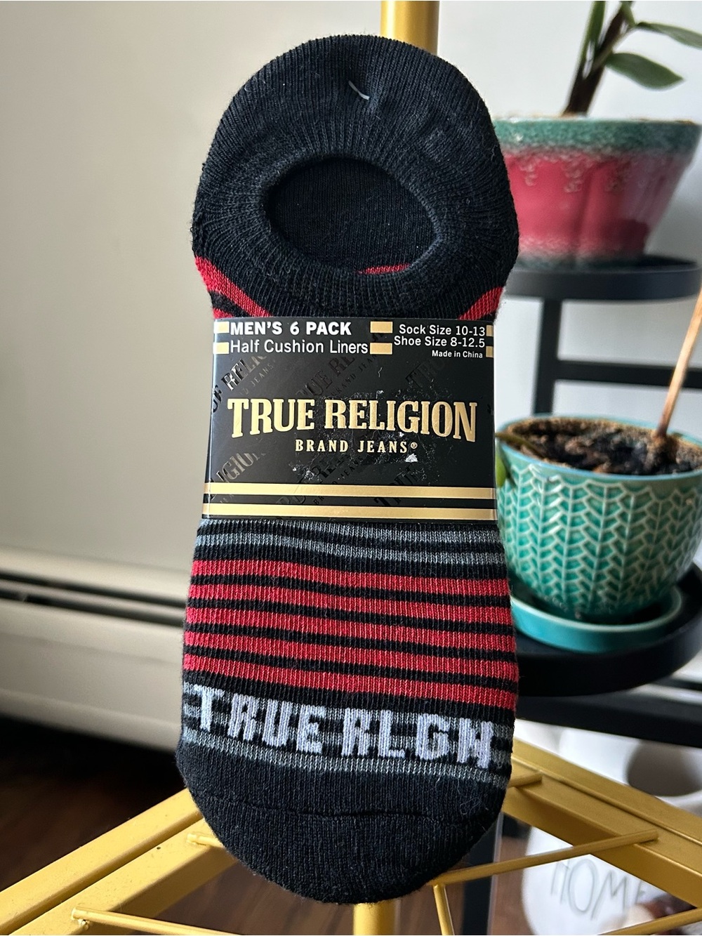 True Religion Men’s 6 pack striped half cushion liners socks shoe size 8-12.5